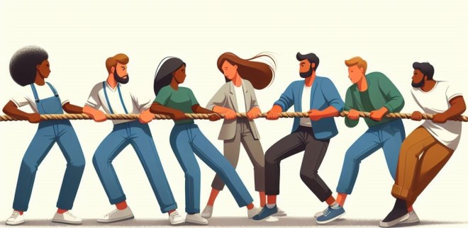 Grupo de personas halando una cuerda.